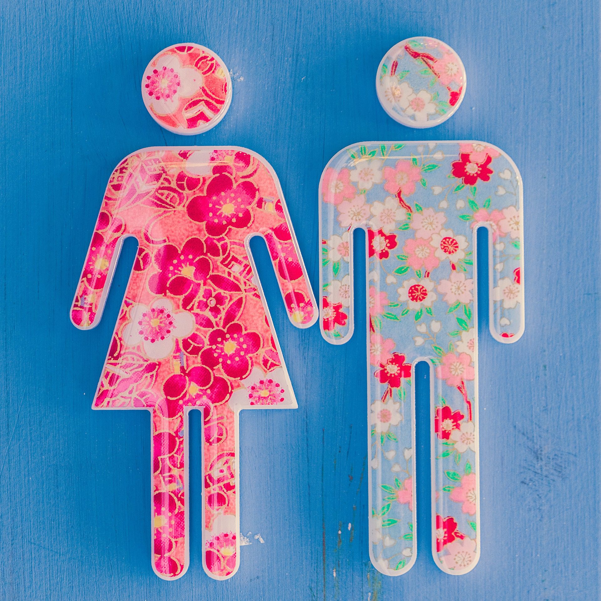 gendered bathroom symbols filled with flower print on a blue background
