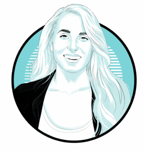 black, white, and aqua illustration of Julia Atwood