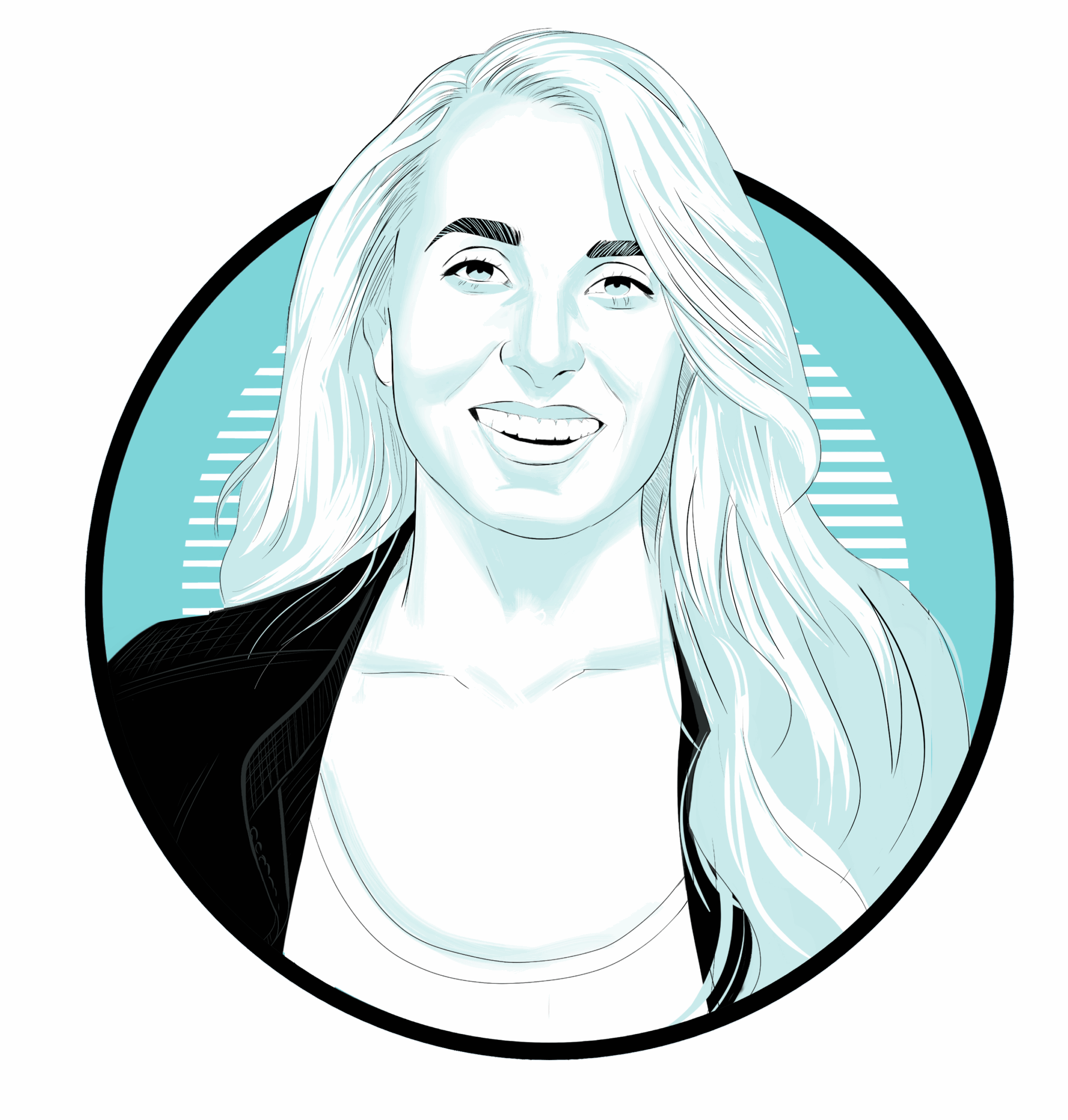 black, white, and aqua illustration of Julia Atwood