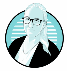 black, white, and aqua illustration of Rebecca Skinner