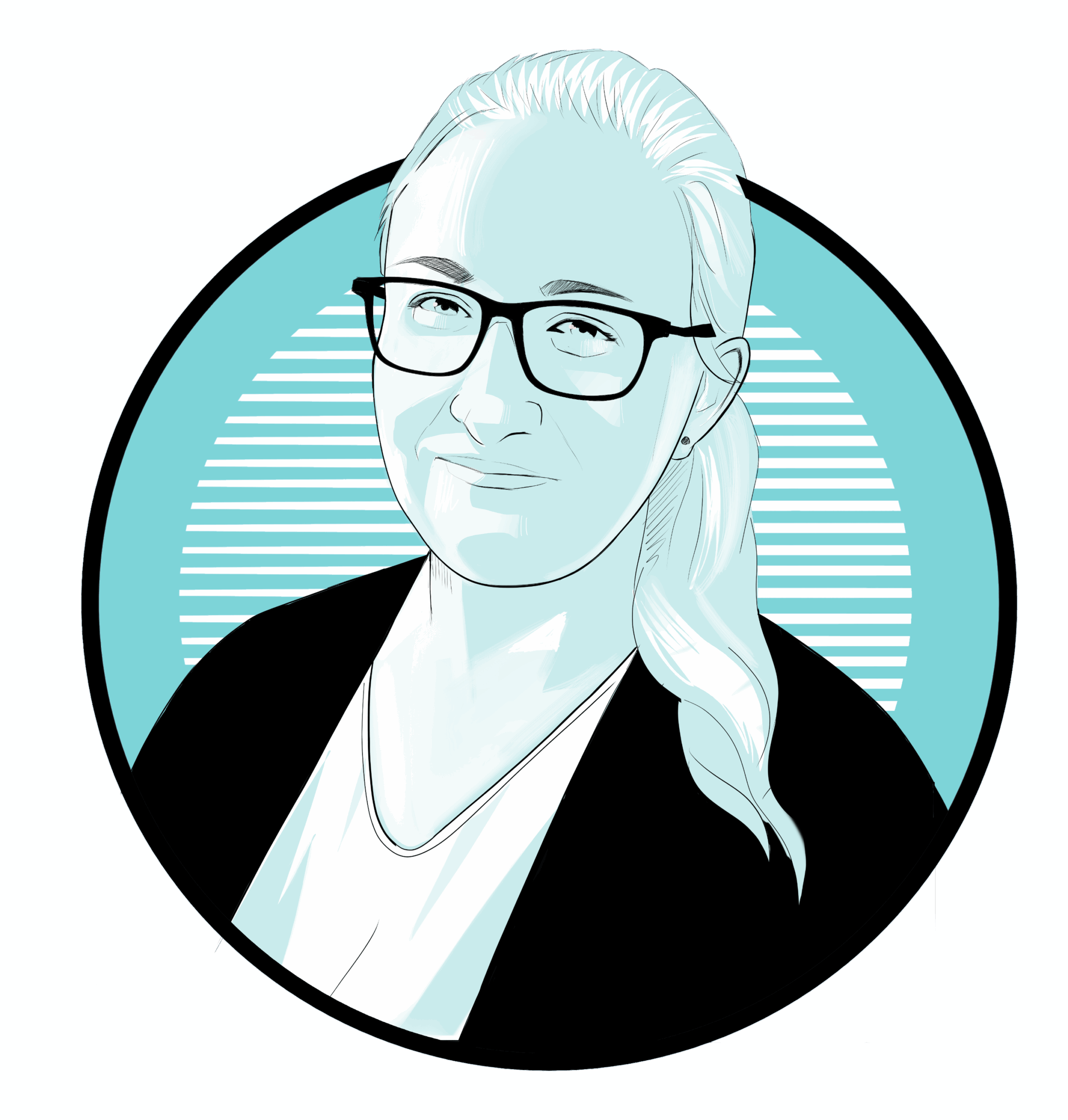 black, white, and aqua illustration of Rebecca Skinner