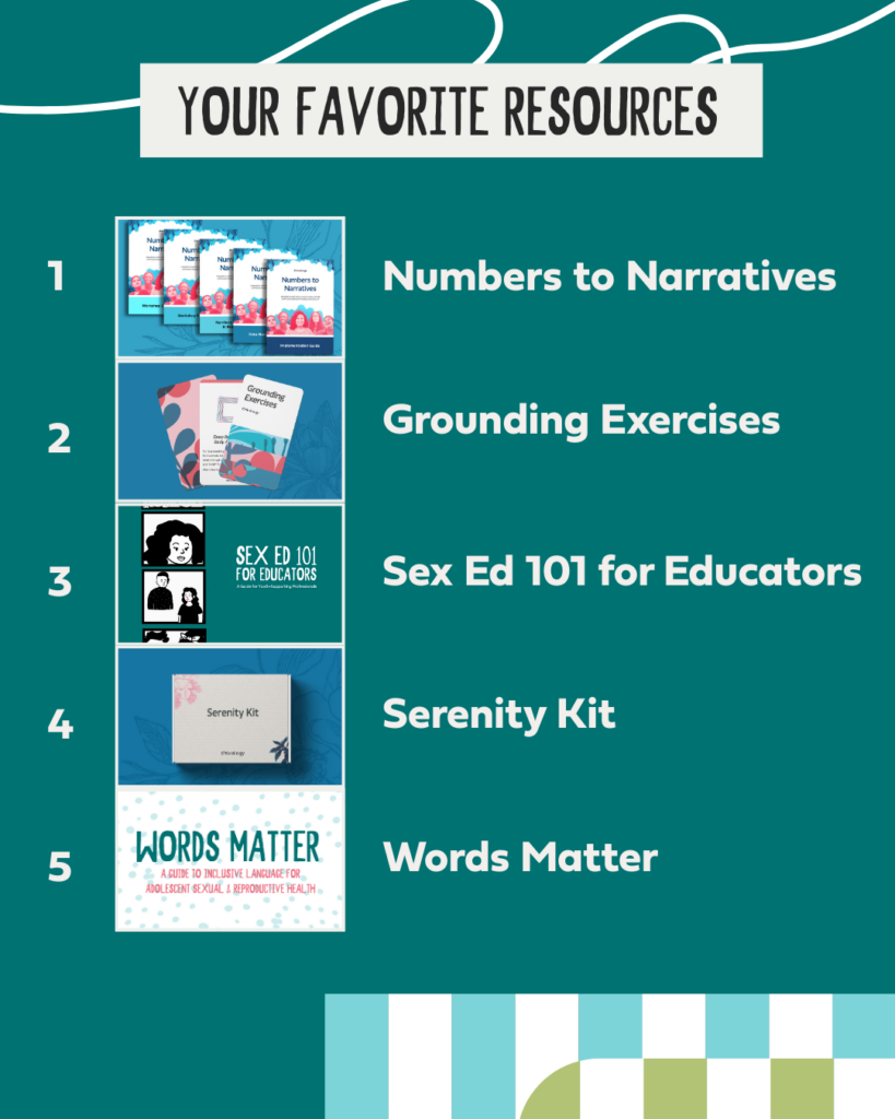 Your Favorite Resources 1. Numbers to Narratives 2. Grounding Exercises 3. Sex Ed 101 for Educators 4. Serenity Kit 5. Words Matter