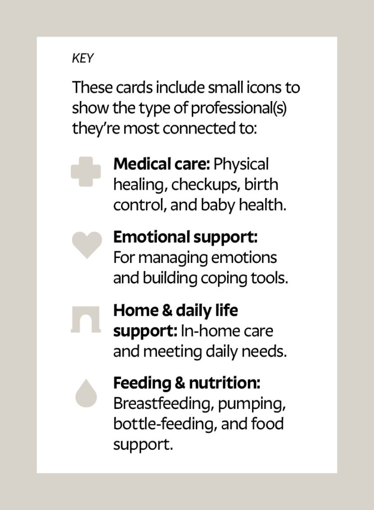 Key. These cards include small icons to show the type of professional(s) they’re most connected to: Cross: Medical care: Physical healing, checkups, birth control, and baby health. Heart: Emotional support: For managing emotions and building coping tools. Arch: Home & daily life support: In-home care and meeting daily needs. Droplet: Feeding & nutrition: Breastfeeding, pumping, bottle-feeding, and food support.