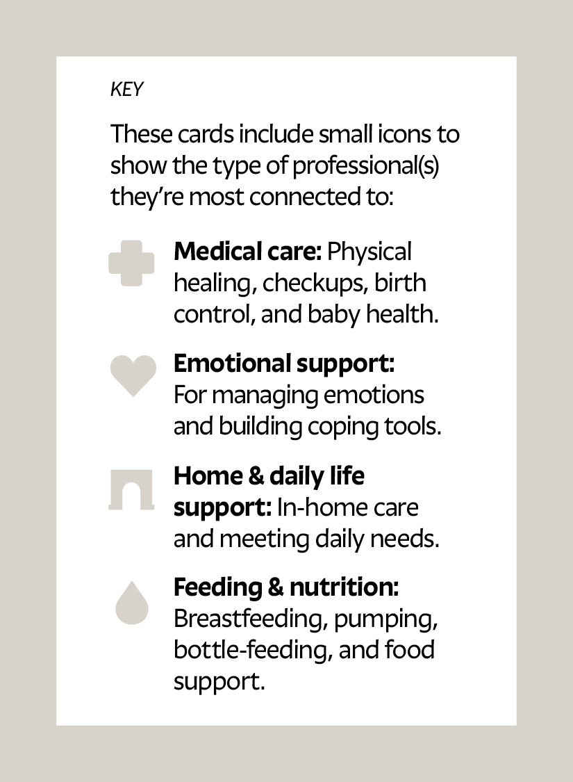 Key. These cards include small icons to show the type of professional(s) they’re most connected to: Cross: Medical care: Physical healing, checkups, birth control, and baby health. Heart: Emotional support: For managing emotions and building coping tools. Arch: Home & daily life support: In-home care and meeting daily needs. Droplet: Feeding & nutrition: Breastfeeding, pumping, bottle-feeding, and food support.