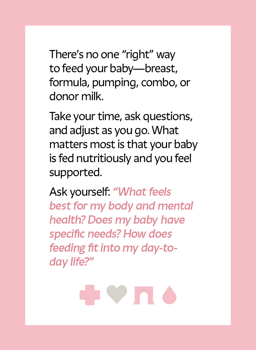 There’s no one “right” way to feed your baby—breast, formula, pumping, combo, or donor milk. Take your time, ask questions, and adjust as you go. What matters most is that your baby is fed nutritiously and you feel supported. Ask yourself: “What feels best for my body and mental health? Does my baby have specific needs? How does feeding fit into my day-to-day life?” Cross icon Arch icon Droplet icon