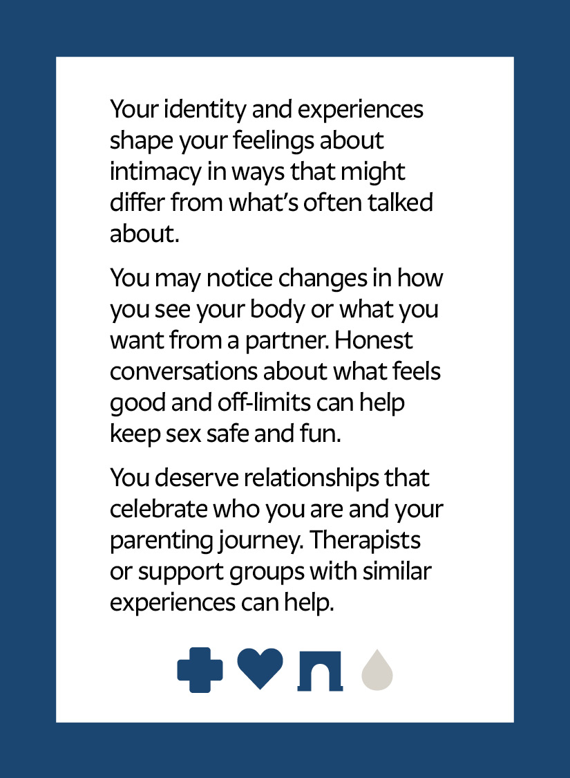Your identity and experiences shape your feelings about intimacy in ways that might differ from what’s often talked about. You may notice changes in how you see your body or what you want from a partner. Honest conversations about what feels good and off-limits can help keep sex safe and fun. You deserve relationships that celebrate who you are and your parenting journey. Therapists or support groups with similar experiences can help. Cross icon Heart icon Arch icon