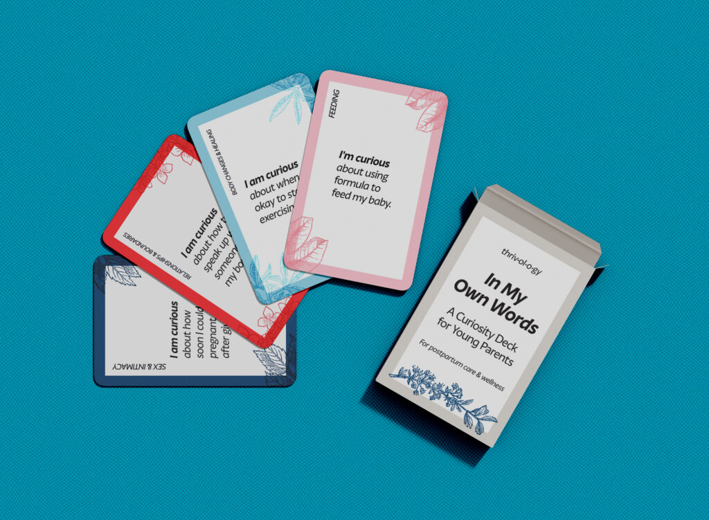Spread showing a box of In My Own Words: A Curiosity Deck for Young Parents and four cards from the desk, each one focusing on a different topic.