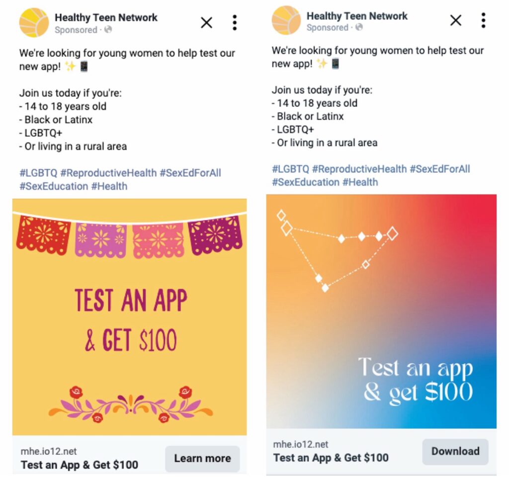 Examples of social media ads featuring brightly colored buntings and rainbow gradients.