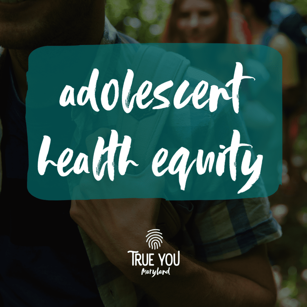 Adolescent Health Equity (1) cover slide for adolescent health equity, white text with teal background over a picture of teens hiking