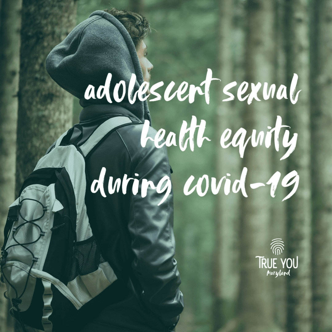 Adolescent Health Equity COVID-19 cover slide for adolescent health equity during COVID-19, white text with teal background over a picture of teen hiking