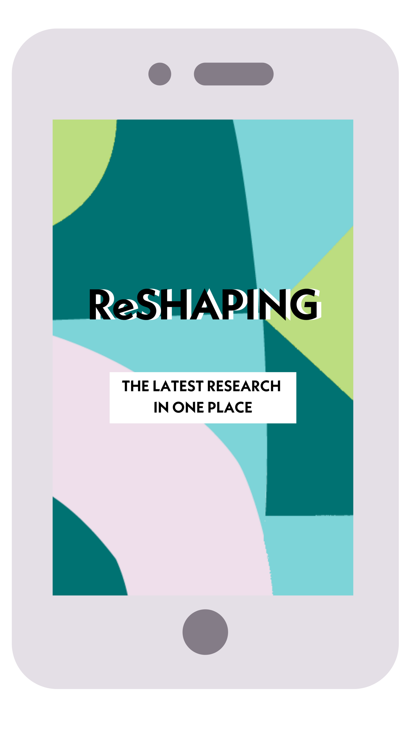ReSHAPING Annual Report Image-3 Teal house with ReSHAPING logo inside set on green and blue hills with evergreen trees and a banner that says ReSHAPING has a new home!