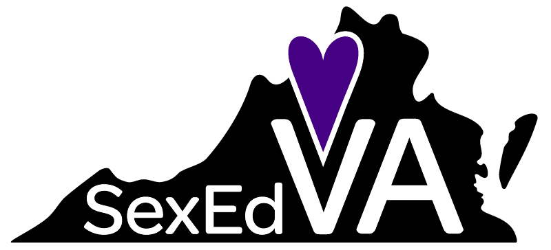 Sex Ed VA logo, state of vigina in black with a purple heart