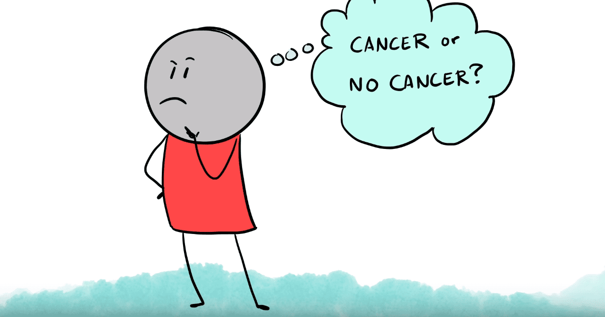 A cartoon character contemplating %22cancer or no cancer%22.