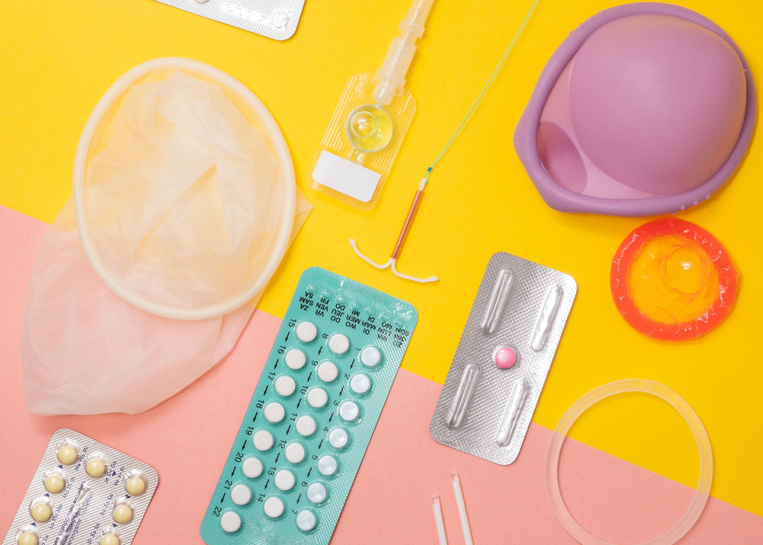 peach and yellow background with different contraceptives